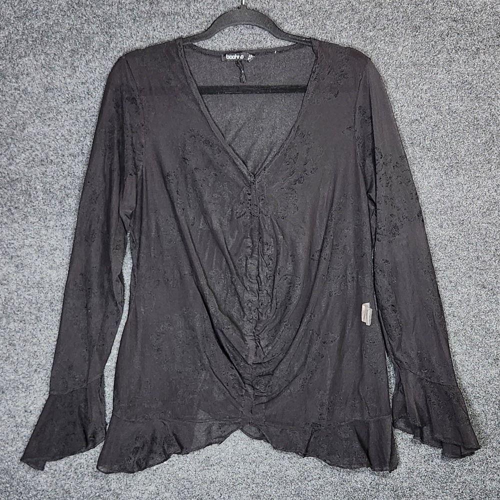 Boohoo Women 18 Black Sheer Mesh Ruched Top Flared Bell Sleeve Whimsigoth Witchy